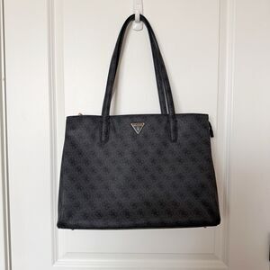 Guess Womens Large Shoulder Tote Bag Power Play Black Leather Logo Luxury NWOT